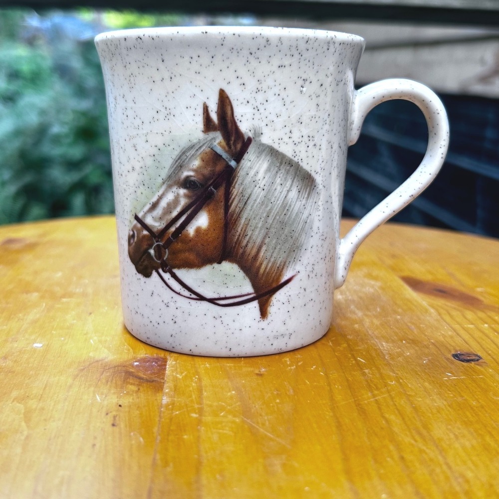 Vintage Speckled Stoneware Horse Mug Ceramic Equestrian Western Brown MCM